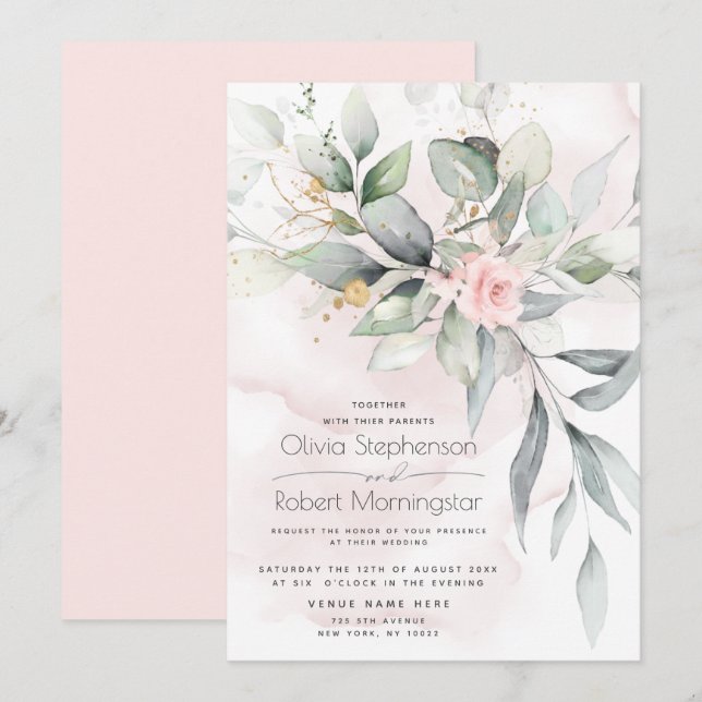 Hochzeit | Waldgrün Boho Pink Rose Einladung (Vorne/Hinten)
