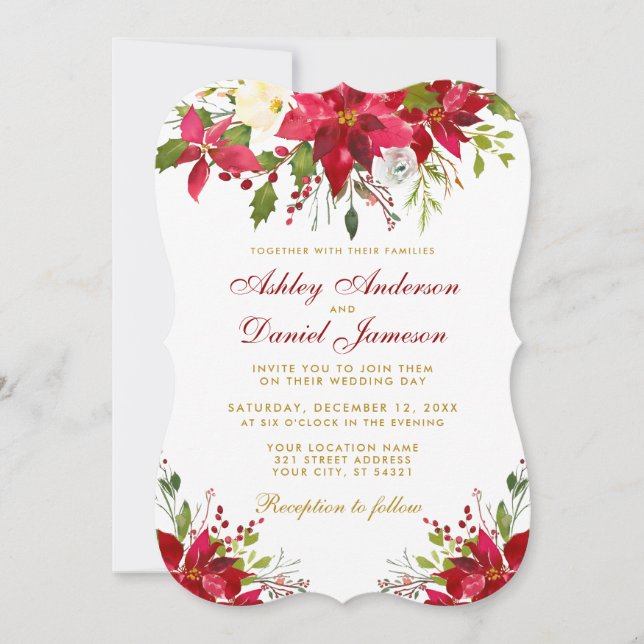 Hochzeit Wasserfarbe Blumenpoinsettia Gold Rot Einladung (Vorderseite)