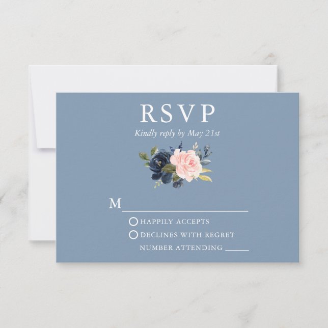 Hochzeit Wasserfarbe Blumenrosa Dusty Blau RSVP Karte (Vorderseite)
