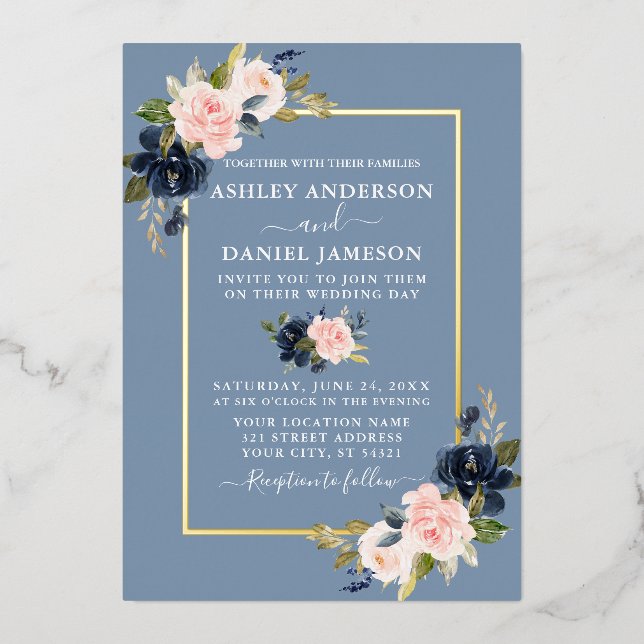 Hochzeit Wasserfarbe Blumenrosa Dusty Blue Gold Folieneinladung (Vorderseite)