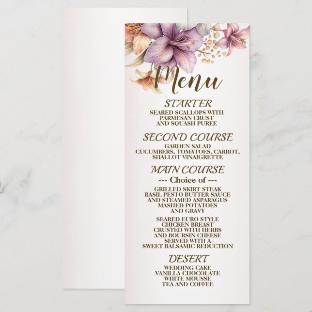 Hochzeit Wasserfarbe Boho Rosa Blume Elegant Menükarte (Vorne/Hinten)
