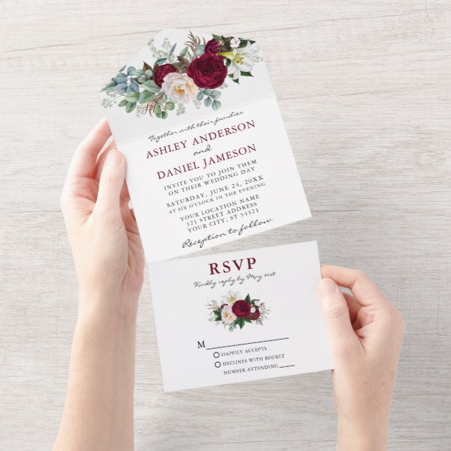 Hochzeit Wasserfarbe Burgund Blumengrün All In One Einladung (Abreißen)