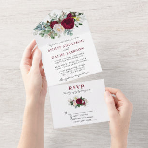 Hochzeit Wasserfarbe Burgund Blumengrün All In One Einladung