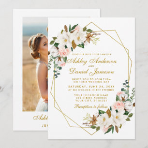 Hochzeit Wasserfarbe Magnolias Rose Foto Gold Einladung