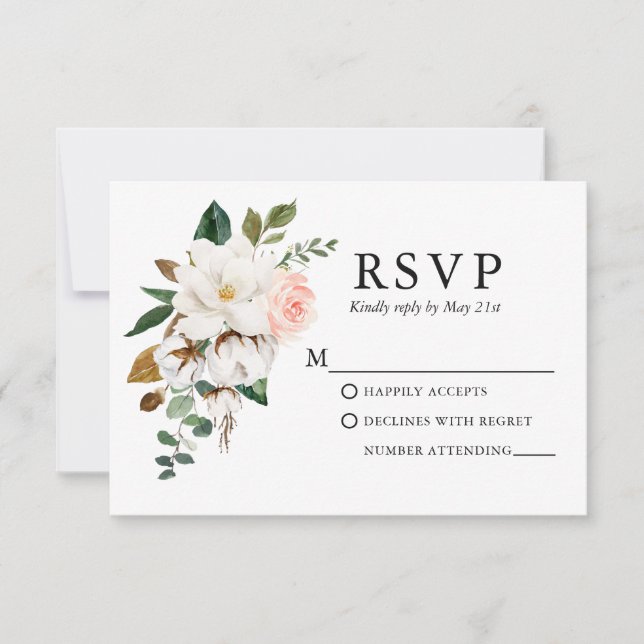 Hochzeit Wasserfarbe Magnolias Rosen RSVP Karte (Vorderseite)