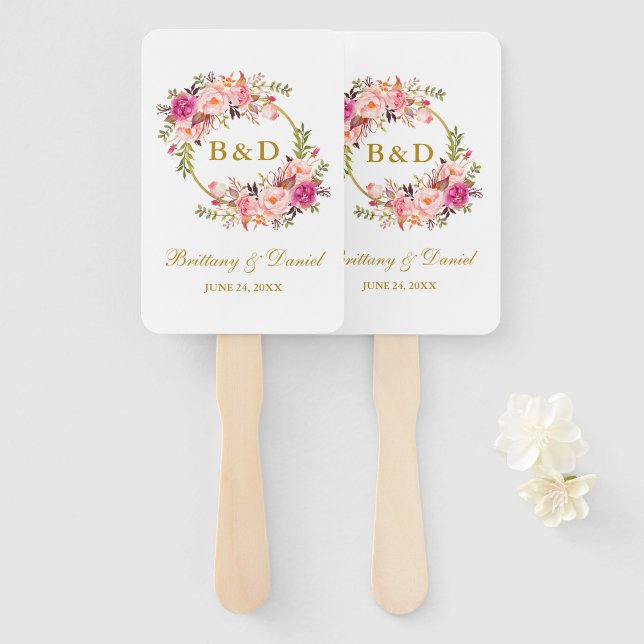 Hochzeit Wasserfarbe Rosa Rose Blush Bloral Fächer (Vorne und Hinten)