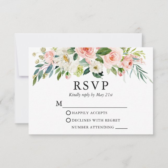 Hochzeit Wasserfarbe Rosa Weiße Blüteneleganz RSVP Karte (Vorderseite)