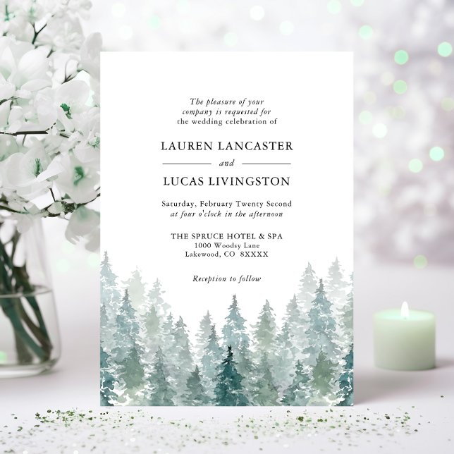 Hochzeit Wasserfarbe Rustikale Pinienwälder Grün Einladung (Wedding Watercolor Rustic Pine Trees Forest Green Invitation)
