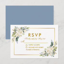 Hochzeit Wasserfarbe Weiße Blütenblüte Blau Gold RSVP Karte