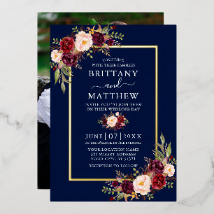 Hochzeit Wasserfarbenes Foto Blau Gold Folieneinladung
