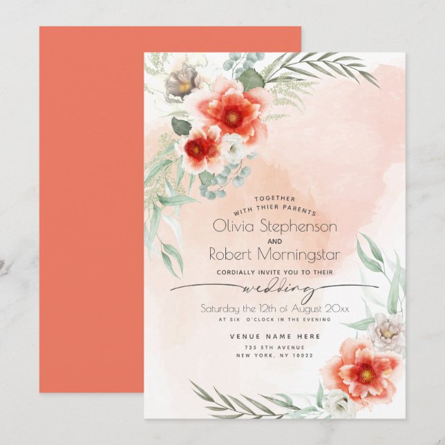 Hochzeit | Wasserfarbenscarlet Flora Einladung (Vorne/Hinten)