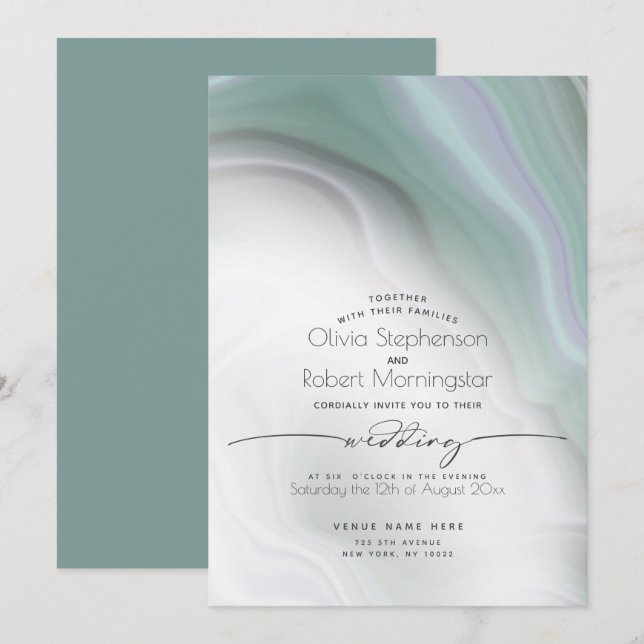 HOCHZEIT | Weiche Misty Jade und violetter Marmor Einladung (Vorne/Hinten)
