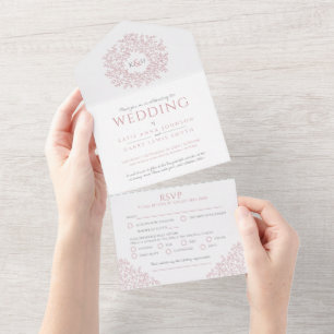 Hochzeit weiß matte rosa Blätter Monogramm All In One Einladung