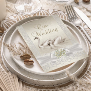 Hochzeit Weiße Schwäne beige Perlen-Spitze Foto Einladung