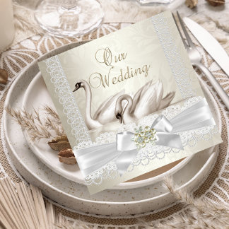 Hochzeit Weiße Schwäne Creme Perlen Spitze Damast Einladung