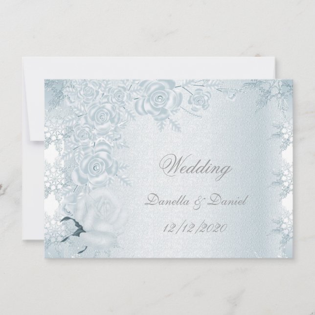Hochzeit Weiße Silberblaue Rose Schneeflocken Einladung (Vorderseite)