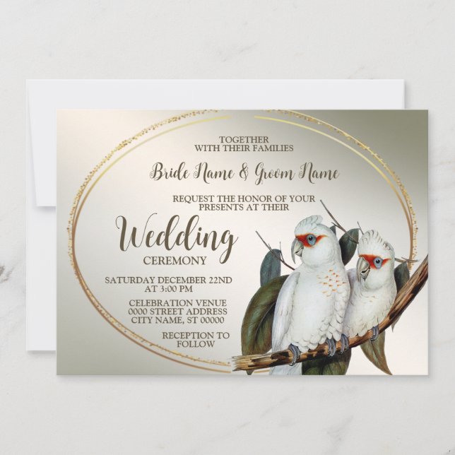 Hochzeit Weiße Vögel Cockatoo Grün Blätter Rustika Einladung (Vorderseite)