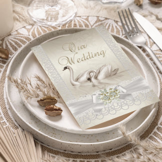Hochzeit White Swans Cream Pearl Lace Damask Einladung