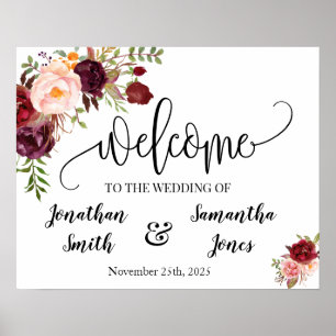 Hochzeit Willkommensschild Boho Chic Marsala flora Poster