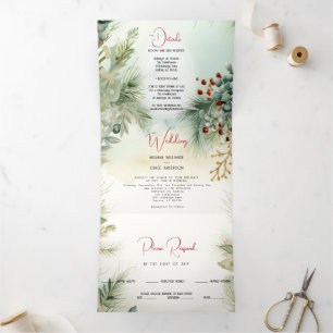 Hochzeit   Winter Wasserfarbene Vegetation Dreifach Gefaltete Einladung