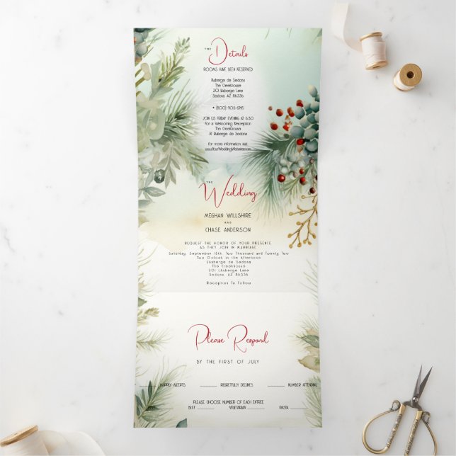 Hochzeit | Winter Wasserfarbene Vegetation Dreifach Gefaltete Einladung (Innenseite)