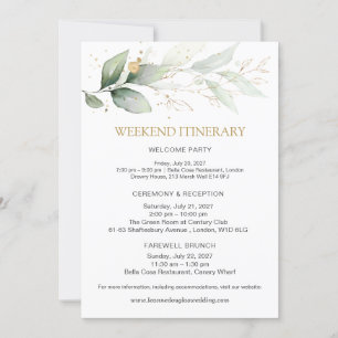 Hochzeit Wochenende Itinerary in Grün und Gold Einladung