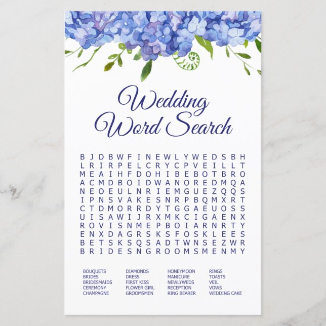 Hochzeit Word Search Blue Hydrangeas (Vorderseite)