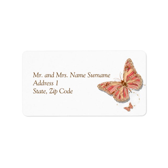 Hochzeit zum Thema Korallenschmetterling Adressaufkleber (Vorne)