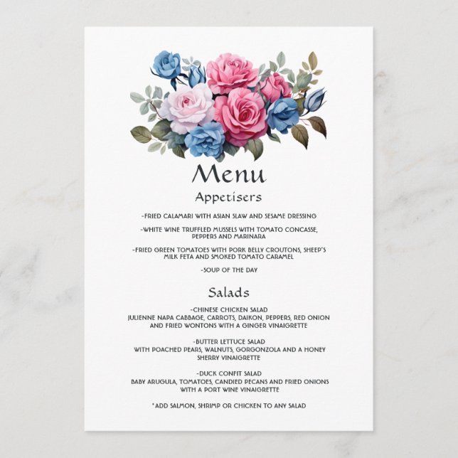 Hochzeit zwischen Rosa und Blauen Flora Menükarte (Vorderseite)