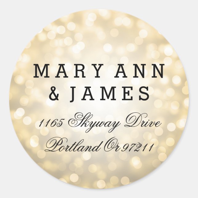 Hochzeitadresse Gold Glitzer Lights Runder Aufkleber (Vorderseite)