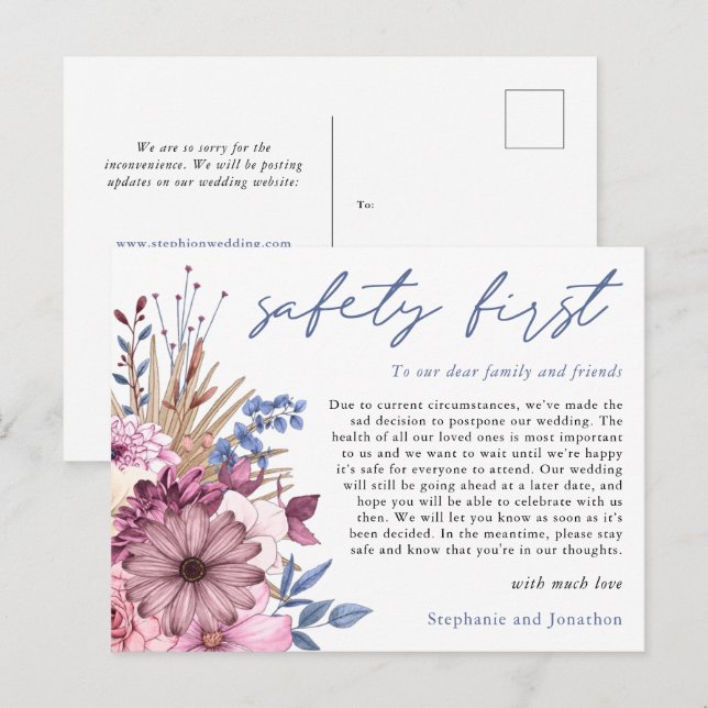 Hochzeitaufschiebung Sicherheit Erste COVID Floral Ankündigungspostkarte (Vorne/Hinten)