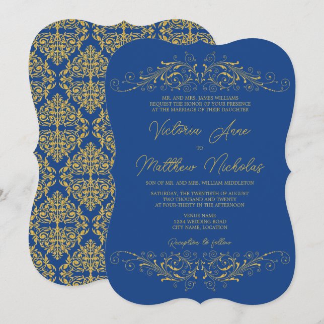 HochzeitBleu und Imitate Gold Blüh Damask Einladung (Vorne/Hinten)