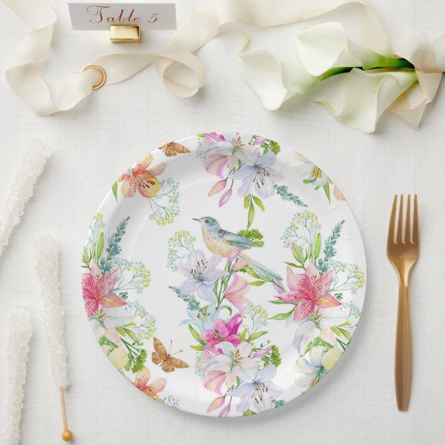 Hochzeitblumen Lilien und Vögel Wasserfarbe Pappteller (Hochzeit)