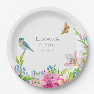 Hochzeitblumen Lilien und Vögel Wasserfarbe Pappteller