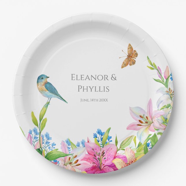 Hochzeitblumen Lilien und Vögel Wasserfarbe Pappteller (Vorderseite)