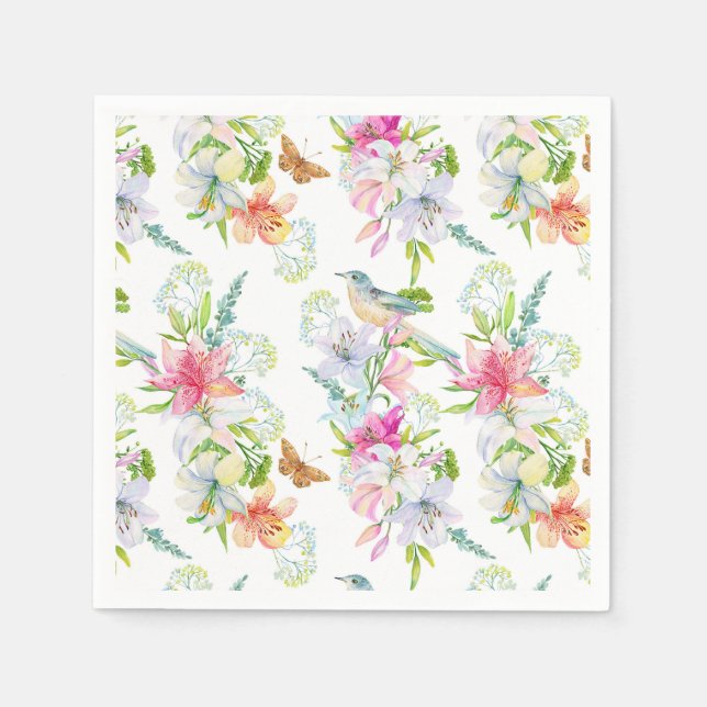 Hochzeitblumen Lilien und Vögel Wasserfarbe Serviette (Vorderseite)