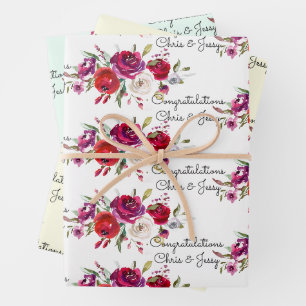 Hochzeitburgund-Wasserfarben-Rose Namen 3-Geschenk Geschenkpapier Set