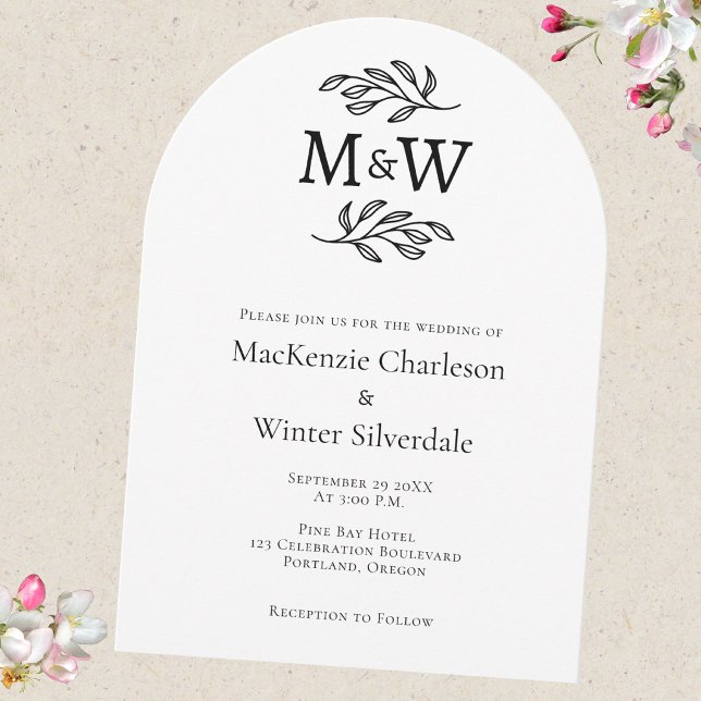 Hochzeitcouple Simple Monogram Initials Minimalist Einladung (Modern arch wedding invitation with couple monogram initials and botanical leaf sprig line art)