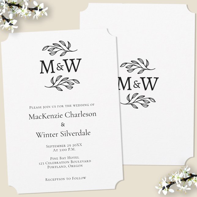 Hochzeitcouple Simple Monogram Initials Minimalist Einladung (Wedding couple monogram initials botanical leaf sprig minimalist wedding invitation)