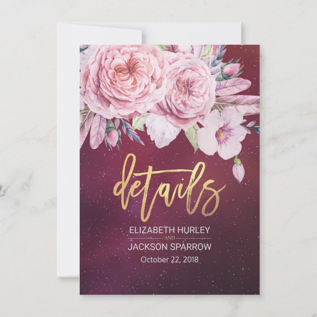 Hochzeitdetails Blumenstrauß-Lichter Burgund Red Einladung (Rückseite)