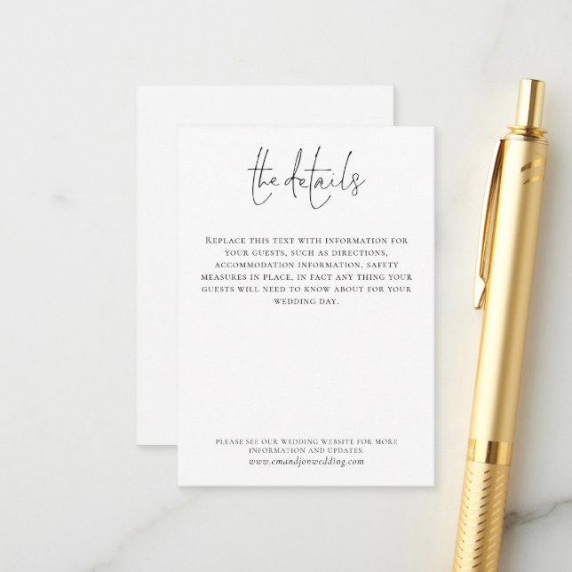 Hochzeitdetails Elegantes Skript Einfach Schwarz-w Begleitkarte (Vorderseite/Rückseite Beispiel)