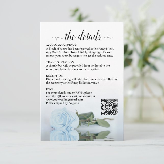 Hochzeitdetails Lichttrockener, blauer QR-Rose Begleitkarte (Stehend Vorderseite)