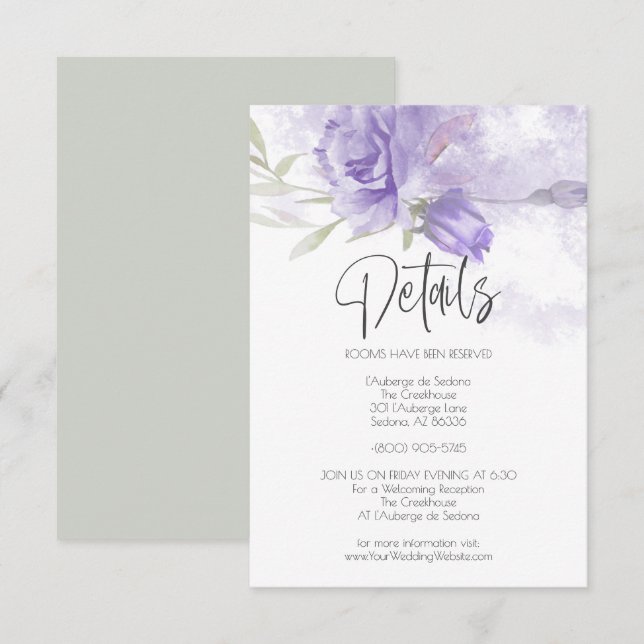 Hochzeitdetails Lilac Lila Aquarellfarben-Rose Einladung (Vorne/Hinten)