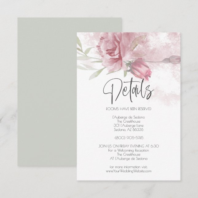 Hochzeitdetails Rosa Aquarellfarben Rose Einladung (Vorne/Hinten)