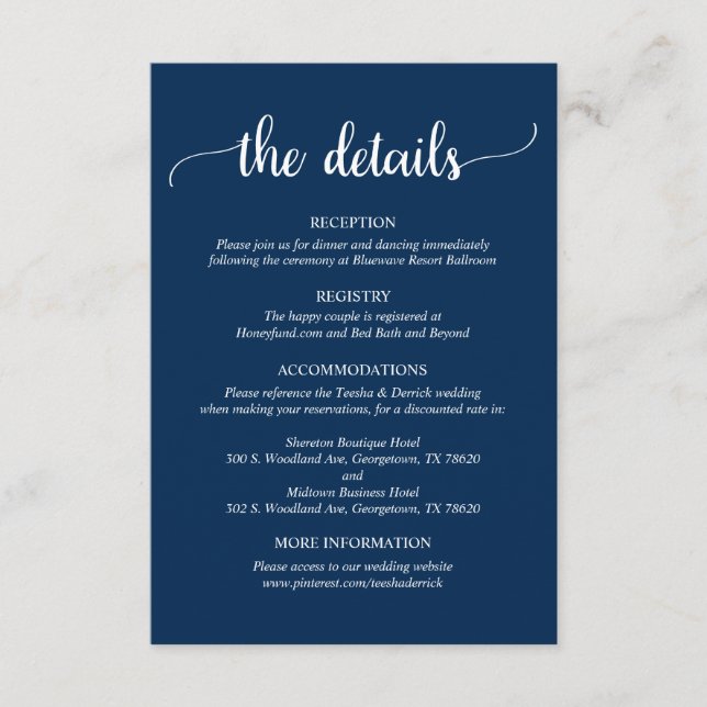 Hochzeitdetails, rustikales blaues Skript der Mari Begleitkarte (Vorderseite)