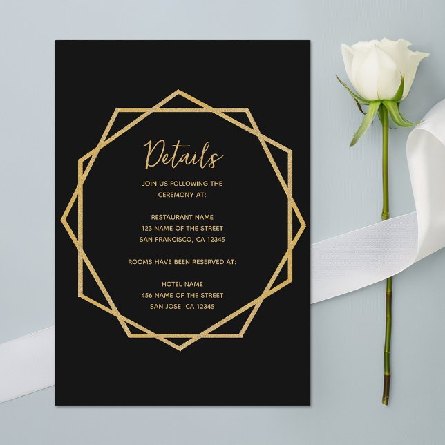 Hochzeitdetails Schwarzes Gold Elegante Geometrisc Begleitkarte (Von Creator hochgeladen)