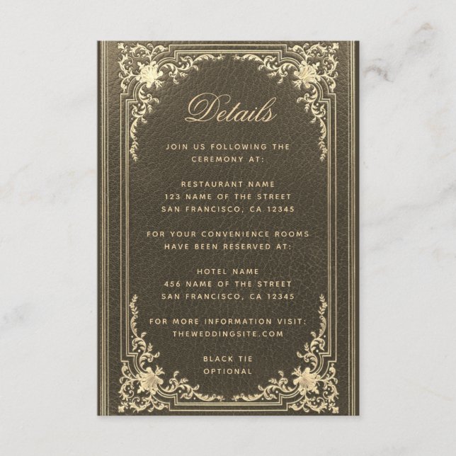 Hochzeitdetails Schwarzes Gold Vintages Elegantes  Begleitkarte (Vorderseite)