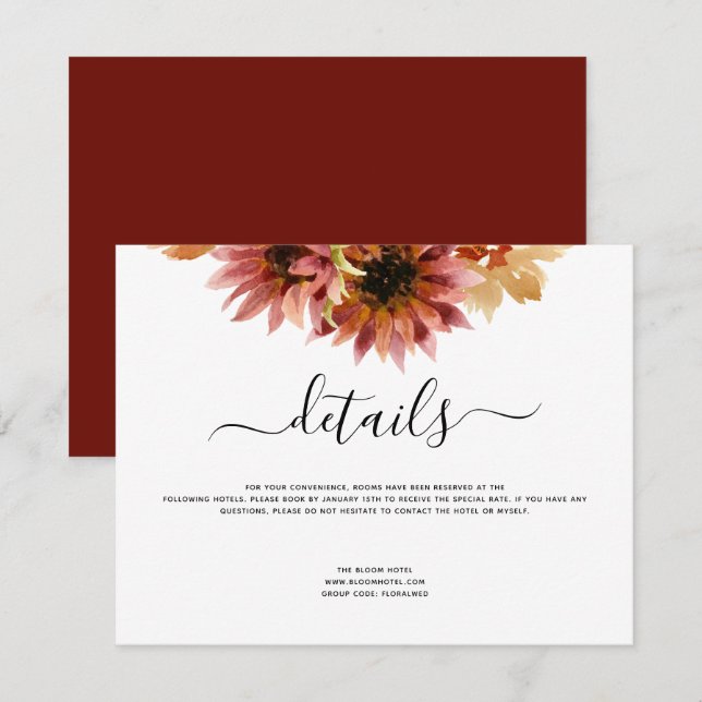 Hochzeitdetails Sonnenblumen Burgund Land Einladung (Vorne/Hinten)