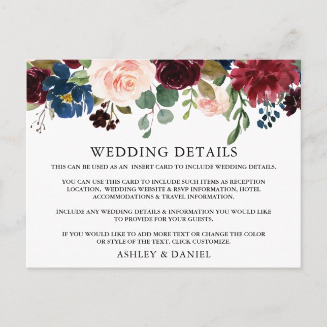 Hochzeitdetails Wasserfarben-Beipackkarte Postkarte (Vorderseite)