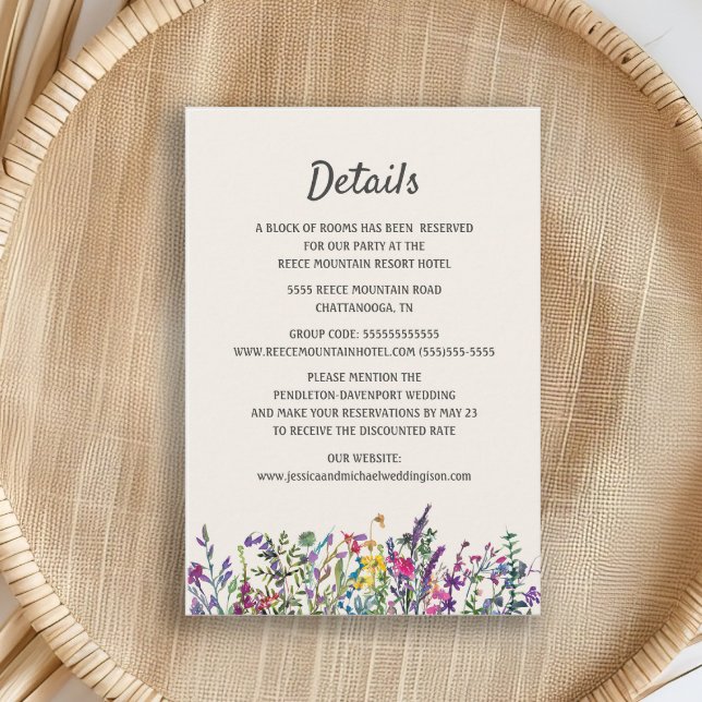 Hochzeitdetails Wasserfarben Wildblumen Blumenzang Begleitkarte (Watercolor wildflowers wedding details card)